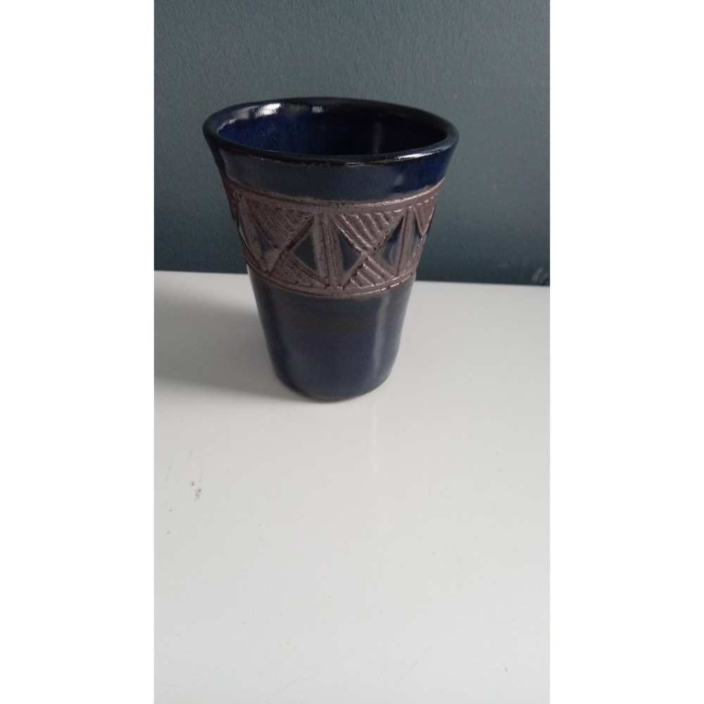 Artisan Pottery Vase Blue‎ Brown Geometric Design Decor Table Vase